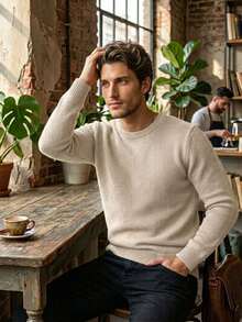 Men's Basic Plain Knit Sweater With Round Neck, Casual Long Sleeve Knit Blouse For Winter - 米色 - 查看 1