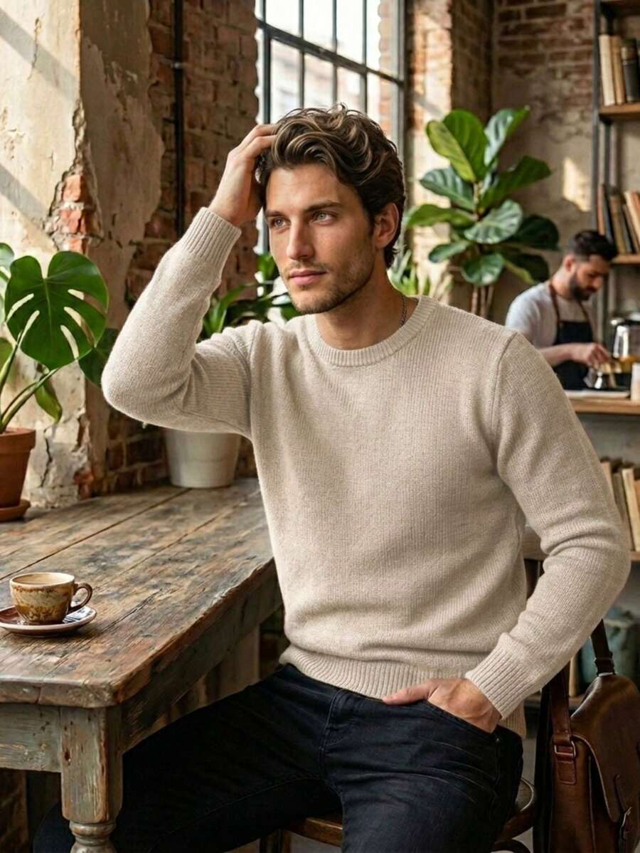 Men's Basic Plain Knit Sweater With Round Neck, Casual Long Sleeve Knit Blouse For Winter - 米色 - 查看 1