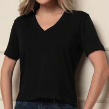 Women's Viscose/Lycra Blouse With Short Sleeves And V-Neck - Comfortable Fabric - 黑色 - 查看 8