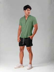 Olive Green Dress Shirt, Dunas Fabric, Linen-Like, Men's, Short Sleeve, Mandarin Collar - Shirt For Summer 2026 - Cool Shirt - Beachwear - 薄荷綠 - 查看 5