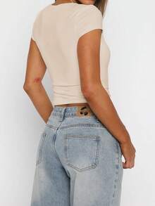 Vaiaye 女士性感修身针织上衣，纯色方领休闲T恤，春夏款 - 膚色 - 查看 2