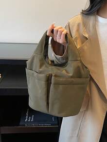 Minimalist Casual Solid Color Handbag, Versatile Multi-Pocket Large Capacity Commuter Tote Bucket Bag For Women - Green - View 10