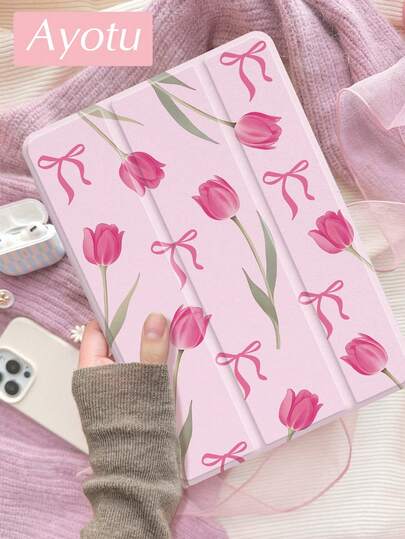 Ayotu Flower Bow And Rose Patterned Protective Case With 10.2 Inch 2021/2020 9th/8th Generation,Compatible With Samsung Galaxy Tab A8 10.5 Inch 2022,Compatible With Huawei Matepad 10.4/ Tab Cover,With Pen Holder,Supports Automatic Sleep/Wake Lid