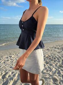 Áo hai dây nữ mùa hè Sunny Girly phong cách Y2K màu xanh navy, họa tiết chấm bi, cài nửa khuy ngực, thiết kế buộc dây phía sau eo, kiểu dáng gợi cảm và quyến rũ cho kỳ nghỉ biển và trang phục mặc nhà thường ngày. - Màu xanh hải quân - Xem 4