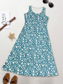 Spring/Summer Casual Vacation Style Ditsy Floral Slim Fit Versatile Dress, Perfect For Mother's Day Elegant - Blue - View 6