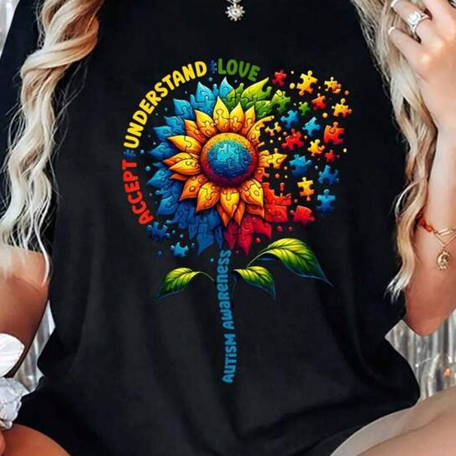 Unisex Autism Awareness Sunflower Graphic T-Shirt - "Understand Love" Print With Puzzle Piece Design, 100% Soft Breathable Short Sleeve Tee, Vibrant Colors, Machine Washable Casual Round Neck Top For Men & Women, Autism Support Apparel - 黑色 - 查看 1