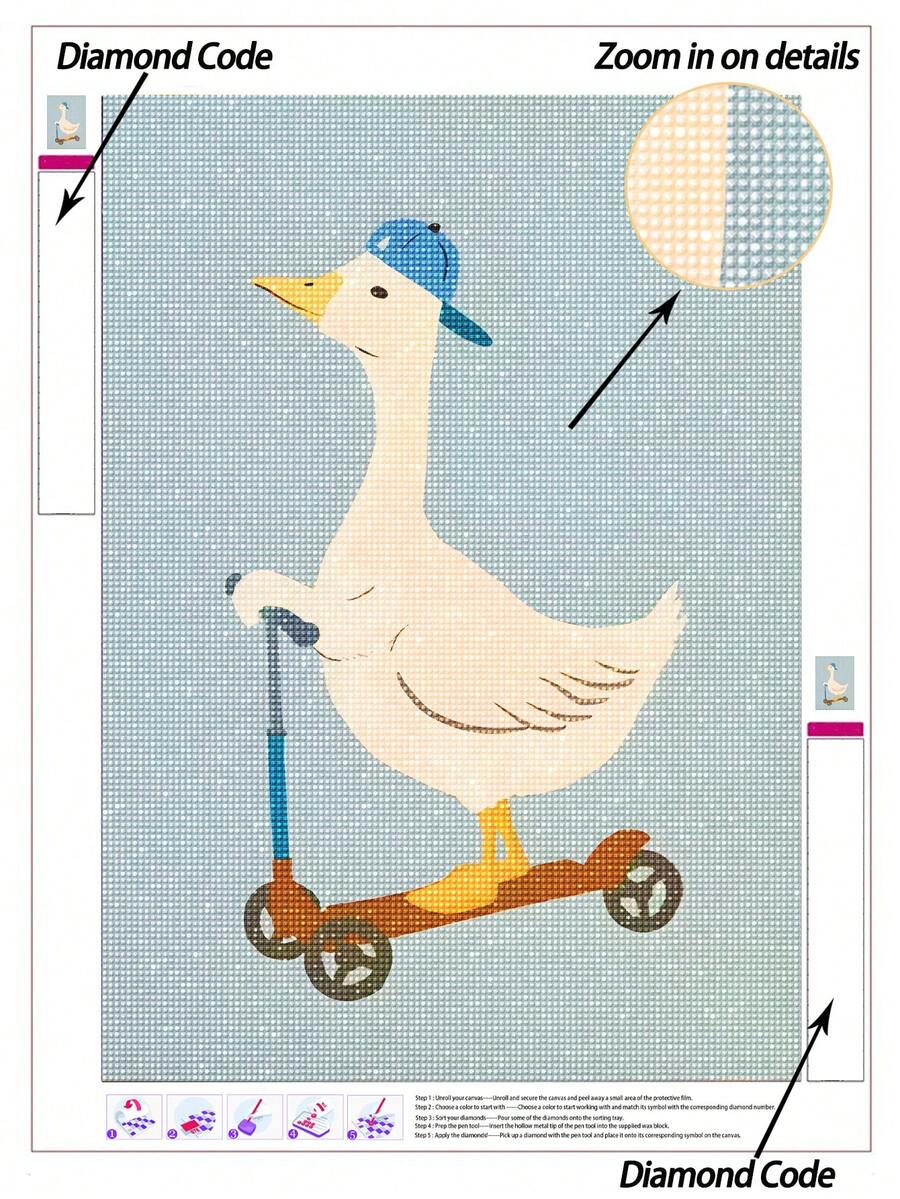 |5D DIY Diamond Painting|Playful White Goose On Scooter With Blue Cap DIY Diamond Art Kit, Cheerful Minimalist Goose Character, Bright Blue Cap And Scooter Handlebar Accents, Warm Brown Scooter Base, And Soft Pale Blue Background. Handmade Decorative Painting, 5D DIY Embroidery Mosaic Art, Make Your Own Wall Art DIY, Enjoy The Fun Of Hands-On, The Best Gift For Friends - No Frame - View 1