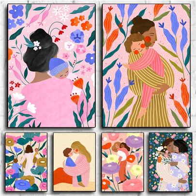 1/6PCS Mother's Day Canvas Poster Set, Mother's Love Art Poster, Flower Illustration, Mother Daughter/Son Warm Poster, Mother's Day Holiday Poster. Room Decoration. Home Furnishing Decoration. Room Decoration Aesthetics. Optional Framework.
