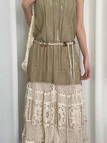 1 chiếc dây thắt eo bằng polyester màu be, kiểu bohemian cổ điển, đính hạt, hình tròn, dành cho nữ. - Màu be - Xem 4