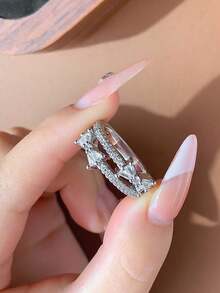 极简双层蝴蝶结立方氧化锆几何戒指，女士日常通勤珠宝礼物 - 白色 - 查看 4