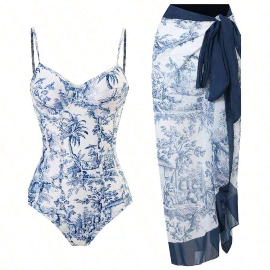Women'S Floral Print Tankini Set - High Stretch, Non-Transparent Swimwear With Skirted Bottom & Matching Headband - Xanh đậm - Xem 1