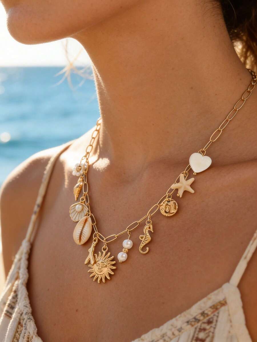 1 pieza Collar con colgante de concha de sol esmaltada, perla de concha, estrella de mar asimétrica, estilo bohemio de playa - Dorado - Ver 1