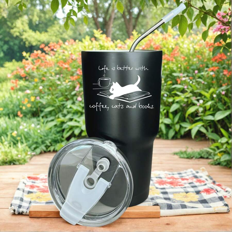 30oz Stainless Steel Tumbler Black White Options, Life Is Better With Coffee Cats And Books Graphic Cups, Insulated Travel Coffee Mug With Lid And Straw , Double Wall Vacuum Reusable Travel Cups, Funny Birthday Party Gift For Women & Men - 黑色 - 查看 1