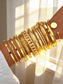25 Peças Conjunto de Pulseiras Vintage Elegantes, Estilo Moeda Antiga, Dourado Impresso, Espiral Torcido, Assimétrico, Oco, Trançado, Textura Martelada, Aberto, Ajustável, Grosso, Maciço, Liso, Joias Y2K, Adequado para Uso Diário, Festa, Presente para Mulheres - Ouro amarelo - Visão 9