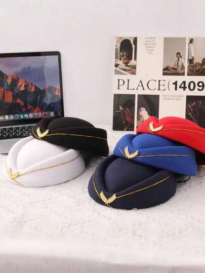 2 Sets Of Woolen Flight Attendant Hats With Scarves, Military Drum Team Hats, Band Performance Hats, Formal Hats, And Hotel Hat Sets.,Summer,Beach