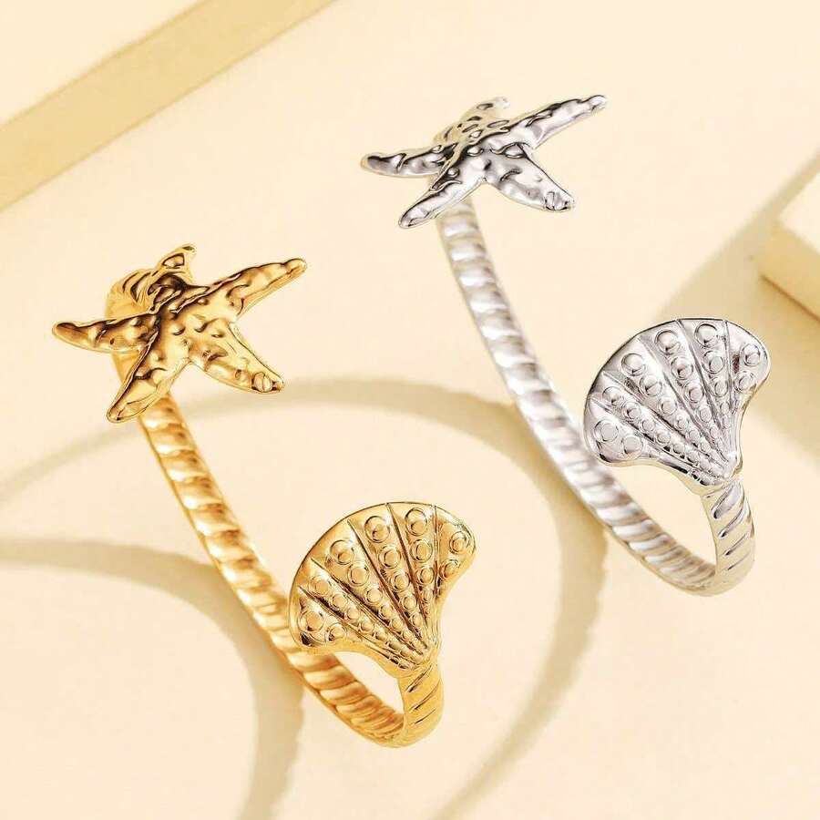 Women's Fashion Ocean Style Shell & Starfish Open Bangle Bracelet - Multicolor - View 1
