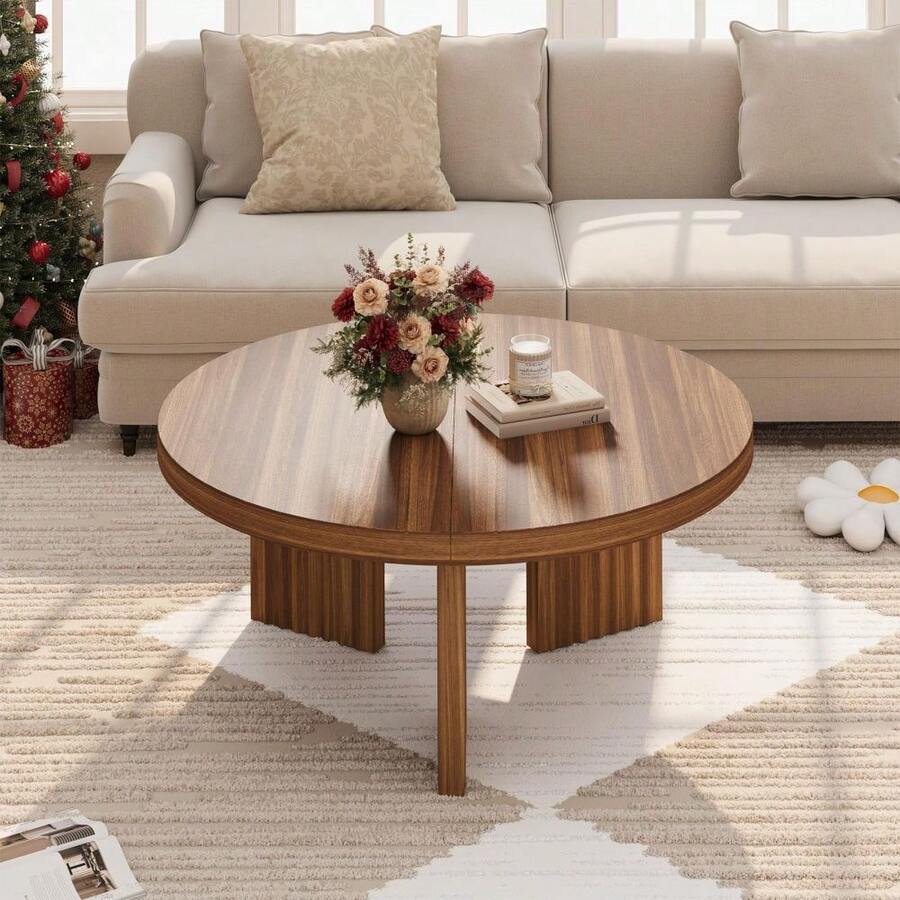 Mesa auxiliar de 33,5 pulgadas, mesa central moderna circular, mesa de centro baja de madera, con 3 patas resistentes y tablero de 1,3 pulgadas de grosor, para salón y dormitorio - Nuez - Ver 1