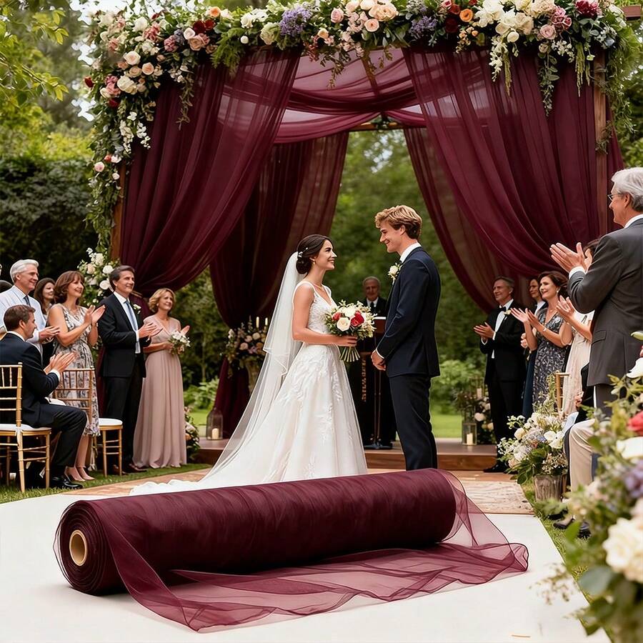 1pc, 10m/16m/30m/50m Burgundy Chiffon Wedding Arch Decor, Transparent Chiffon, Polyester Material, Solid Burgundy Color, Suitable For Wedding Arch, Aisle, Bridal Shower, Chair Back Decor, Ceiling, Banquet, Ceremony, Outdoor Garden Birthday & Anniversary Party, Wedding Decoration, Party Backdrop And Holiday Decor.