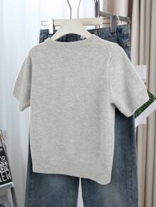 Women's Gray Button Cardigan - Casual Fashionable Short Sleeve Cardigan, Stretchy, H-Shaped Silhouette, Suitable For Spring And Summer, Ribbed Detail Design, Button Closure, Breathable Fabric, Cardigan Style, Essential Spring/Summer Item - Light Grey - View 3