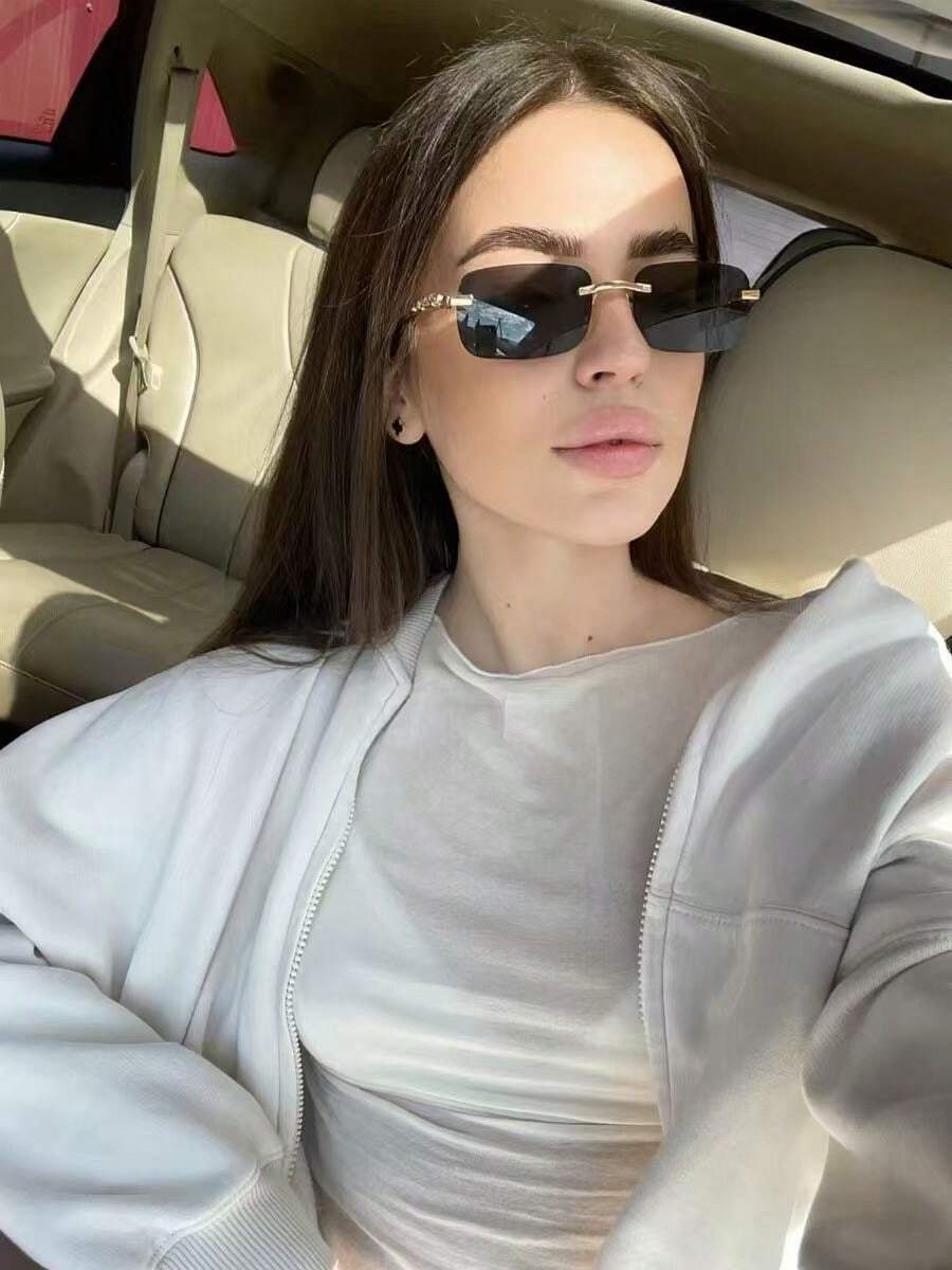 Retro Rectangular Frameless Sunglasses For Men And Women, Frameless Colored Lens Glasses - 黑色 - 查看 1