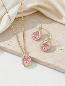 一套包含一副耳环和一条项链，时尚优雅的水钻水滴吊坠项链和耳环，适合女士日常和节日佩戴。 - 水滴 - 查看 4