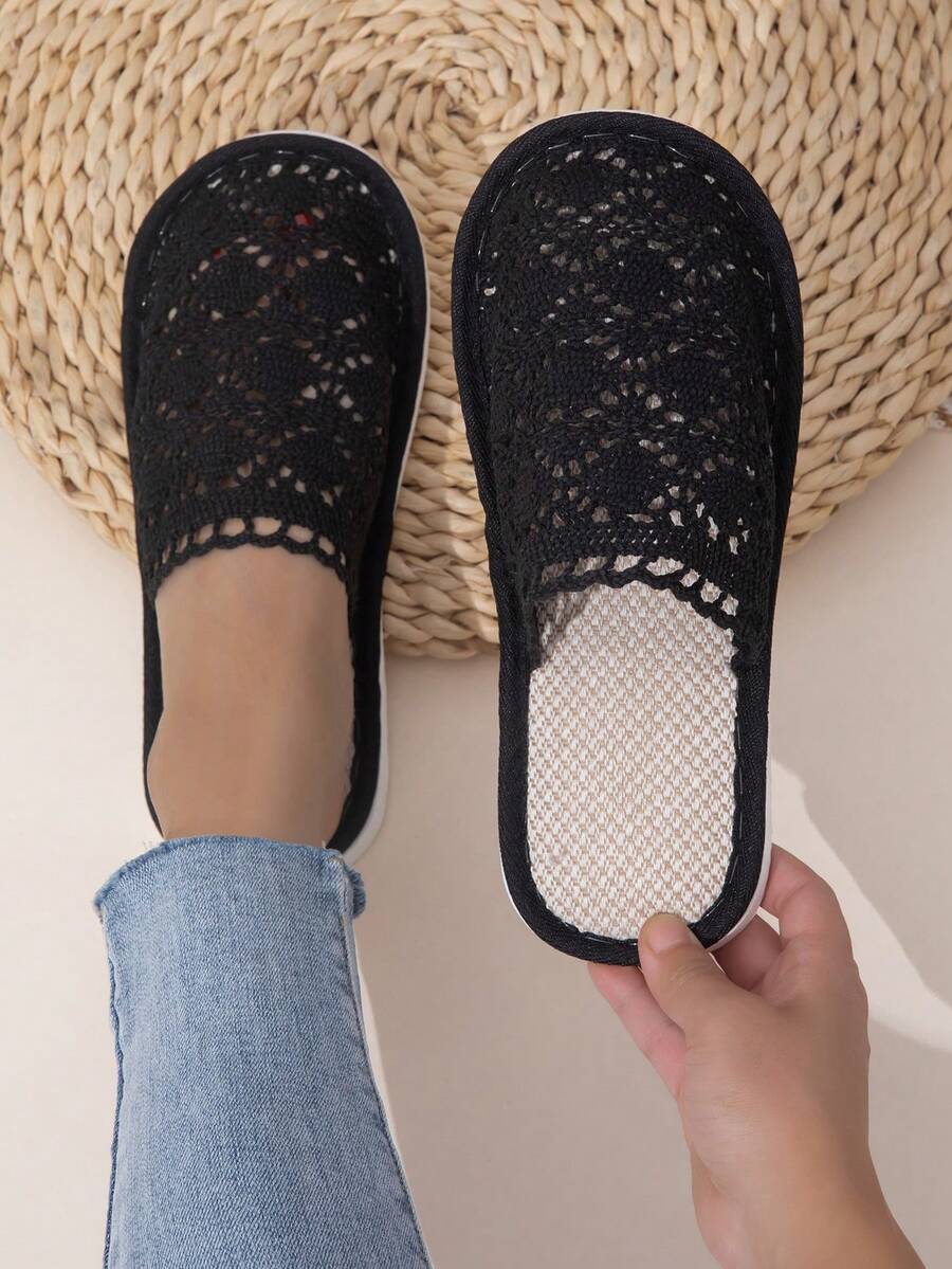 Women's Lace Woven Linen Slippers, Comfortable Indoor Home Quiet Hollow Breathable Unisex Slippers For All Seasons