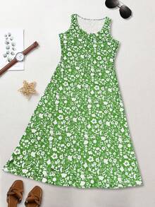 Spring/Summer Casual Vacation Style Ditsy Floral Slim Fit Versatile Dress, Perfect For Mother's Day - Lime Green - View 6