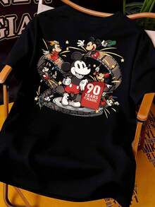 Disney Stylish And Casual Men's Crew Neck Short-Sleeved Shirt With A Mickey Mouse 90th Anniversary Print. A Relaxed, College-Style T-Shirt, Made Of 100% Cotton, Unisex, Comfortable And Soft, Suitable For Everyday Wear, Outings, Parties, Or Commuting. - Black - View 3