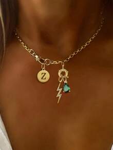 1 件金色 A-Z 字母项链，绿色钻石吊坠链，闪电形钻石吊坠链，时尚优雅多吊坠项链，独特奢华女士字母项链 - 金黃色 - 查看 25