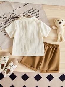 Bhchntiy 2pcs/Set Baby Boy Summer New Textured "Yes" Bear Embroidery Polo Collar Solid Color Shirt And Cuffed Hem Solid Color Shorts Casual Fashion Outfit - Apricot - View 2