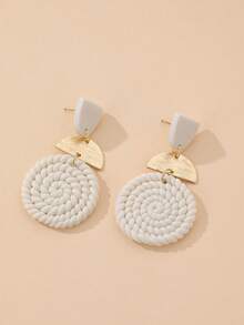 1 Pair Handmade Woven White Soft Ceramic & Semi-Circle Metal Slice Geometric Earrings, Unique , Suitable For Outing, Party, Vacation, Afternoon Tea, And As Gift - White - View 2