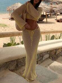 Yellow Hollow Out Boat Neck Knit Long Sleeve Cropped Shrug Top, Elegant Casual Beach Outfit Tie Waist Long Maxi Knit Skirt, Fashionable Comfortable Loose Vacation Set - 黃色 - 查看 5