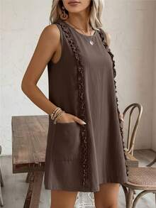 Plus Size Women's Brown Short Sleeve Casual Dress, Sleeveless Round Neck Mini Dress With Ruffle Trim Elegant Summer - Brown - View 7