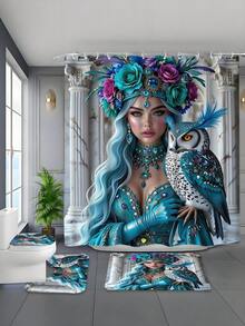 1/4pcs Diamond Crystal Queen Pattern Printed Waterproof Shower Curtain Set, Thick Polyester Anti-Mildew Bathroom Curtain With 12pcs Hooks, Non-Slip Mat, U-Shaped Mat And Round Toilet Lid Cover - A - View 8