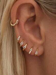 Shescity 6件套时尚锆石耳环，不对称单耳钉套装，适合女性日常佩戴 - 金黃色 - 查看 1