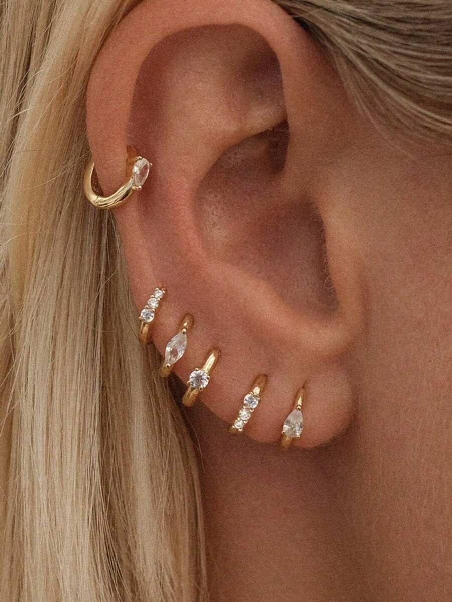 Shescity 6件套时尚锆石耳环，不对称单耳钉套装，适合女性日常佩戴 - 金黃色 - 查看 1