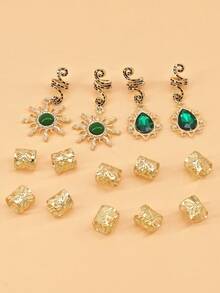 14pcs Baroque Style Sun Pattern Rhinestone Teardrop Hair Clips & Rings, Suitable For Women & Girls, Music Festival (Gift) - Gold - View 2