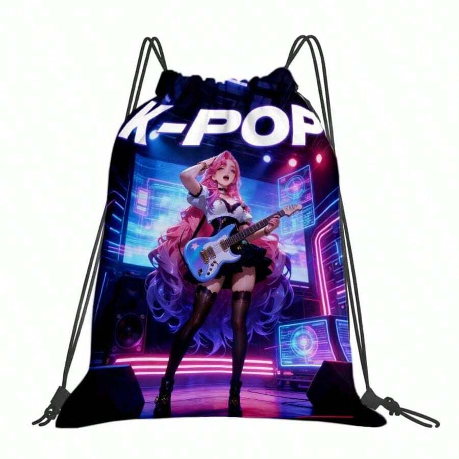 Durable Drawstring Backpack With K-Pop Guitar Pattern, Suitable For Fitness, Yoga, Travel And Soccer, With Practical Pockets, Makes A Great Gift - Multicolor - View 1