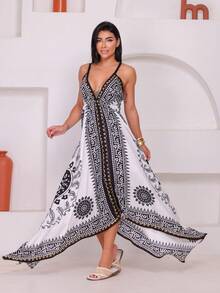 Long  Dress With Printed Hem. - White - View 3