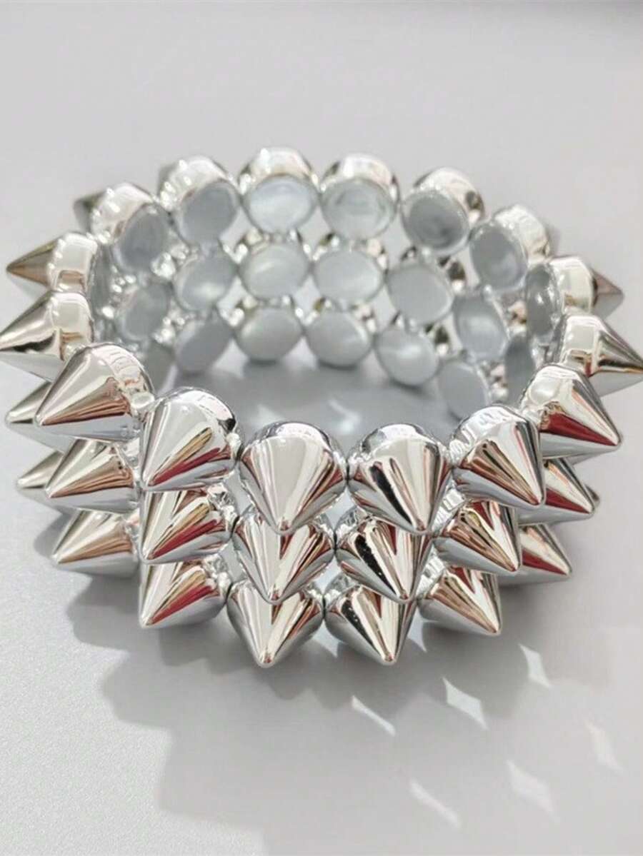 2pcs Punk Style Rivet Bracelet, Unisex Silver Rivet Bangle, Suitable For Daily Wear, Party, Music Festival - Multicolor - View 1