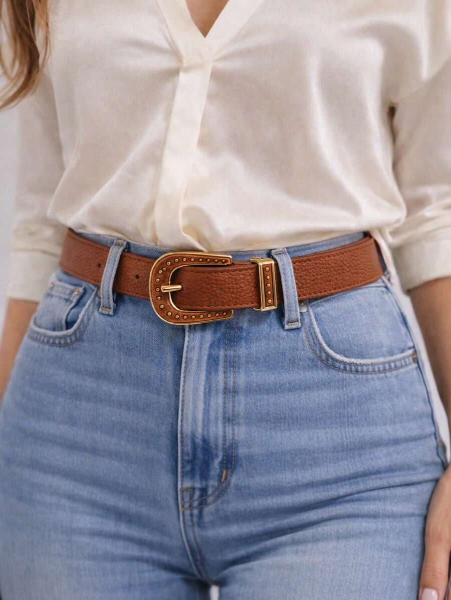 Women's Caramel Belt With Gold Buckle And PU Leather Details, Adjustable, Decorated, Casual Chic Style, Suitable For Daily Wear, Work, Fashion, 108cm X 2.5cm Wide, High Quality. - 駝色 - 查看 1