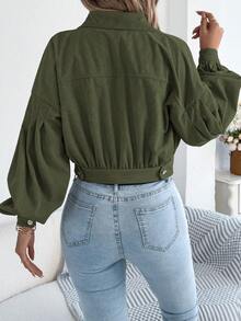 Casual Personalized Street Style Lantern Sleeve Corduroy Short Jacket, Autumn/Spring - Army Green - View 2