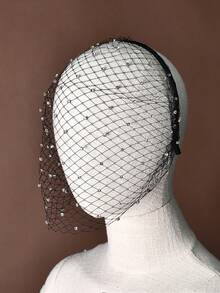 1件黑白水钻鸟笼面纱，高弹力发箍，新娘婚礼派对化妆舞会面具 - 彩色 - 查看 8