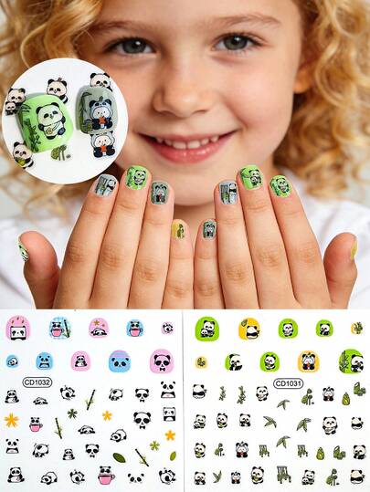 2张可爱熊猫儿童美甲贴纸，图案可爱，包括活泼的熊猫和竹子，易于粘贴，适合日常佩戴、派对活动和DIY美甲，打造趣味十足的指尖造型。