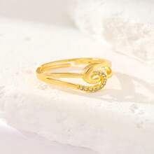 Women's Gold Tone Open Rings Set, Heart & Swirl Design With Rhinestone Accent, Adjustable Stackable Statement Jewelry For Everyday Wear - Yellow Gold - View 9