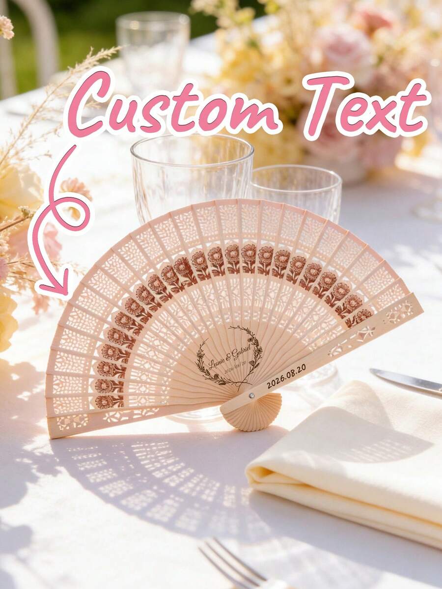 Personalized Engraved Wedding Fan, Customizable Names & Dates, Folding Fan For Brides, Bridesmaids. Hollow-Out Laser-Cut Pattern. Ideal For Graduation, Summer Beach Weddings, Parties, Wedding Favors, Gift Fans, Boho Chic, Rustic Charm - Multicolor - View 1