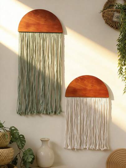 1件绿色和米色半圆形装饰壁挂，波西米亚现代农舍风格，长流苏造型，简约层次细节，美观的墙面艺术装饰吊坠，适用于客厅、卧室、玄关、公寓、宿舍、工作室、办公室、咖啡馆、婚礼派对、家居装饰