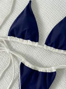 Bộ bikini màu hồng trơn không lưng, buộc dây cổ, thích hợp cho đi biển, tiệc bể bơi, kỳ nghỉ hè. - Xanh đậm - Xem 7