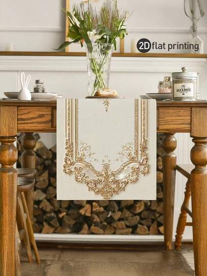 1 Stück, 2D Flachdruck, symmetrische Blumen Tischflagge mit Rahmen, Tischflagge, klassische Hochzeitssaison Tischflagge für Verlobung und Jahrestag, Barockstil, bedruckter Polyester Tischtuch und Flagge