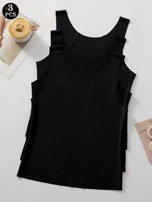 3 piezas Camiseta sin costuras - Camiseta interior sin mangas de cuello redondo suave en colores transparentes/semitransparentes de varios colores - Negro - Ver 3